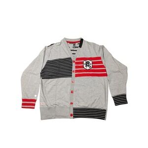 Rocawear Sweater Mens 2XL Gray Red Black Striped V Neck Knit Cardigan Logo